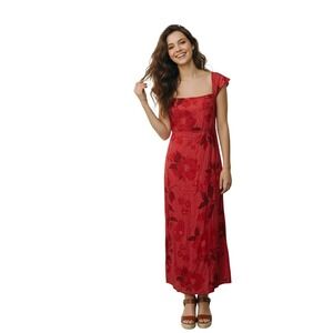 Billabong Red Floral Maxi Dress Square Neck Smocked Waist Flutter Sleeve M